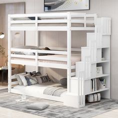 a white bunk bed sitting next to a book shelf on top of a carpeted floor