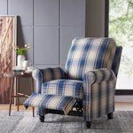 a blue and white plaid recliner chair in front of a wall with a painting on it