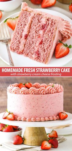 two pictures of strawberry cake with strawberries on the side