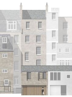 an architectural rendering of a row of townhouses with a person walking in the foreground