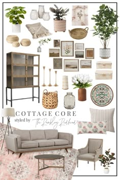 a collage of furniture and decor with the words cottage core