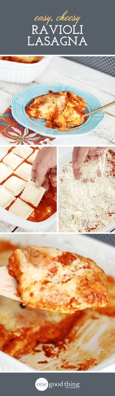 there is a collage of photos showing different types of food on the plate, including lasagna and cheese