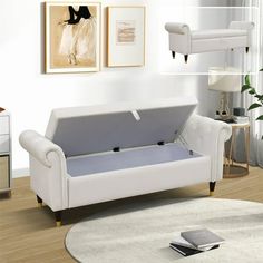 a living room with white furniture and pictures on the wall above it's couch