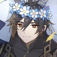 an anime character with flowers in his hair and wearing a wreath of blue flowers on her head