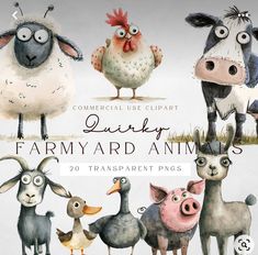 the farmyard animals are painted in watercolor and then have different facial expressions on their faces