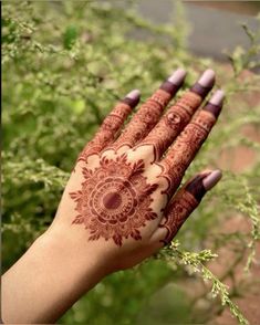 a woman's hand with henna on it and green plants in the background