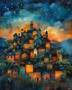 a painting of a town on a hill at night with stars and moon in the sky