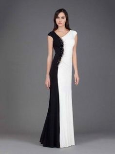 Style #J6427 Black and White Formal Gowns with Cap Sleeves Black And White Dress Formal Long, Long Sleeve Black And White Formal Dresses, Black And White Evening Dresses Couture Candy, Long Black And White Dress Formal, Black Ans White 3/4 Sleeve Coctail Dress, Black & White Elegant Dress, Black And White Evening Dresses, Black White Dress Formal, Black And White Prom Dresses