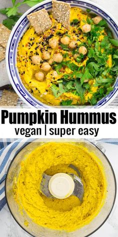 pumpkin hummus in a food processor with spinach and carrots