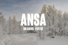 the words anasa meaning virtue are in front of snow covered trees