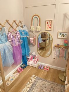 Easy and cute Girls Dress up Corner in bedroom. can be done in a pamyroom also! Six Year Old Bedroom Ideas, Girl Kid Bedroom Ideas, Toddler Girl Room Organization Ideas, Bedroom Turned Playroom, Three Year Old Bedroom Girl, Playroom In Bedroom Ideas, Dress Up Area Girls Room, Dress Up Playroom, Princess Dress Up Corner