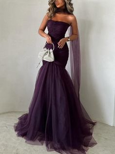 Elevate your wardrobe with our Purple Sheath Pleated Dress featuring delicate tulle straps. This sophisticated piece blends a form-fitting sheath silhouette with subtle pleating for added elegance. The airy tulle straps bring a touch of softness and modern flair, making it perfect for cocktail parties, weddings, or upscale gatherings. Embrace a unique and graceful look that sets you apart. Description: Purple Sheath Pleated Dress and Tulle Straps The dress is made of strong polyester satin for a Mermaid Dark, Tulle Straps, Dress With Ribbon, Tulle Prom Dress, Cocktail Parties, Polyester Satin, Evening Party, Pleated Dress, Hip Length