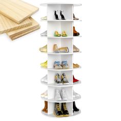 a white shelf with several pairs of shoes on it next to some plywood boards