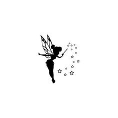 a black and white silhouette of a fairy with stars on her back, flying through the air