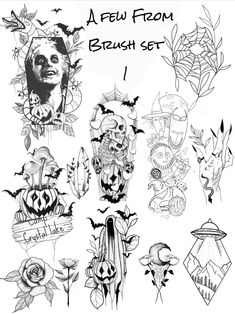 a bunch of tattoos that are drawn in black ink on white paper with the words,'a few from english set 1 '