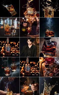 many different shots are being taken in this collage, including liquor bottles and glasses