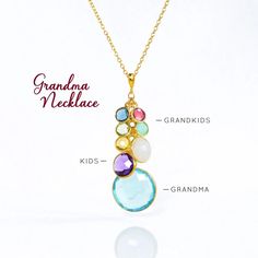 Delight Grandma with a stunning and sentimental Grandmother's Birthstone Necklace, perfect for showcasing her beloved family. This custom three-generation pendant features small gemstones for grandchildren, medium gemstones for her children, and a large gemstone at the bottom representing herself. Each necklace is made to order with meticulous care and love, making it a truly special and thoughtful gift. Celebrate family bonds and create lasting memories with this beautifully crafted piece, designed to honor every generation. ** Please contact me if you need gemstone options you do not see in the drop down menu. We can accommodate any size family. ** Gemstones are 6mm, 10mm, and 18mm. Please select the number of tiny and medium stones you need from the menus and let me know your order deta Grandma Necklace Birthstone, Grandmother Jewelry, Cascade Necklace, Grandma Necklace, Meaningful Necklace, Family Tree Necklace, Necklace Birthstone, Family Necklace, Tree Necklace