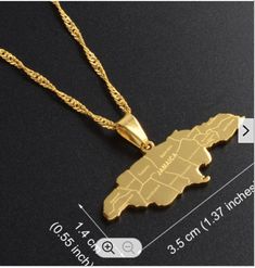 18K Gold plated Jamaica pendant. Gold Pendant Necklace As Souvenir, Personalized Gold Necklaces As Souvenir, Personalized Gold Necklace As Souvenir, Gold Engraved Necklace For Christmas, Gold Christmas Collectible Jewelry, Jamaican Map, Jamaican Jewelry, Map Of Jamaica, Jamaica Country