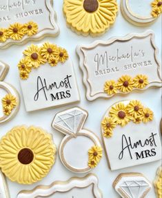 decorated cookies with names and pictures on them for bridal party or baby shower decorations