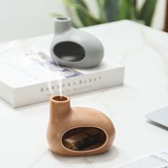 a small pipe sitting on top of a white table next to a book and plant