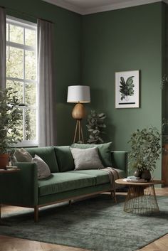 a living room with green walls and wooden flooring, two plants in the corner