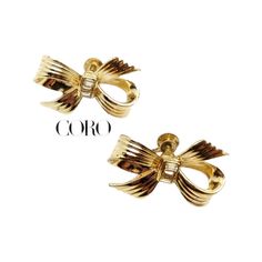 "Vintage CORO Signed 1940s GOLD Plate Bow Screw Back Rhinestone Earrings- Vintage Collectible Costume Jewelry - Gift Idea for Her These Sweet little earrings would make a lovely gift for the vintage Coro collector or buy for yourself to start or add to your vintage costume jewelry collection. MEASUREMENTS: 3.2 cm Length x 2 cm (widest point) Back stamped \"CORO\" in script on the back of the Screw Head.  Excellent almost new condition with very light wear (expand pics to see close-up detail) The Vintage Yellow Gold Clip-on Earrings For Party, Vintage Gold Clip-on Earrings For Vintage Events, Gold Vintage Clip-on Earrings For Vintage Events, Gold Vintage Clip-on Earrings, Retro Gold Earrings For Parties, Gold Retro Earrings For Party, Retro Gold Clip-on Earrings For Party, Vintage Gold Earrings For Party, Retro Gold Jewelry For Vintage Events