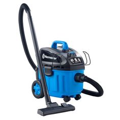 a blue and black vacuum cleaner on a white background