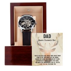 Give Dad the gift of luxury for Father's Day with this handsome and daring timepiece. The Men's Openwork Watch is the perfect blend of classic design and modern styling, making it an essential accessory for your remarkable style. This watch sports a genuine leather strap, is splash resistant, and has increased durability thanks to hardened mineral glass. Our unique skeleton dial feature allows you to peer directly into the inner workings of your watch. Beautifully crafted to be automatic, this w To My Future Husband, Meaningful Christmas, Christmas Gift Exchange, Anniversary Dinner, Soul On Fire, Presents For Him, Valentines Day Birthday, Best Husband, Luxury Boxes