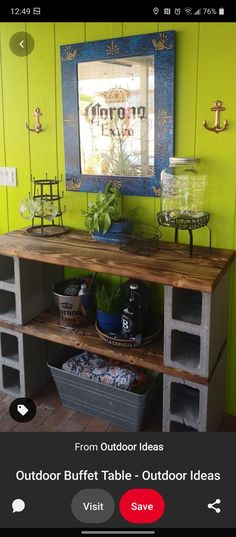 an outdoor table with baskets on it and a mirror in the corner above it that says outdoor buffet table - outdoor ideas visit