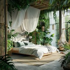 a bedroom with lots of plants and hanging curtains on the ceiling, bed in between two windows