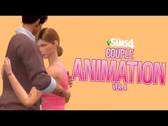 the animated couple is hugging each other in front of an orange background with pink lettering