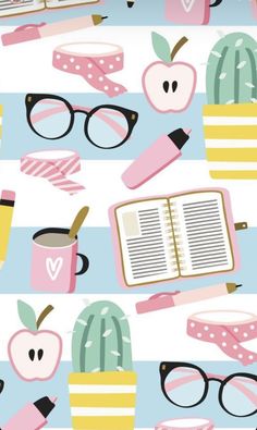 an image of a pattern with books, glasses and other things on it's surface