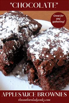 chocolate brownies with powdered sugar on top and the words applicace browns