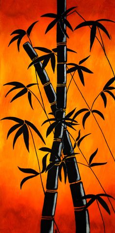 a painting of bamboo trees against an orange sky