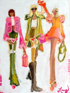 two women in pink and green are standing next to each other, one is carrying shopping bags