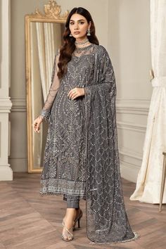 Net Shirt, Formal Wear Women, Storm Grey, Eid Dresses, Festive Collection, Embroidered Sleeves, Luxury Wear, Pakistani Dress Design, Pakistani Designers