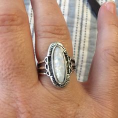 Silver Ring With Moonstone Style Gem. Very Versatile And Goes With Almost Everything. Dress It Up Or Wear With Cut Offs, A Tank Top, Some Cowgirl Boots And A Cowgirl Hat This Summer! Super Adorable! White Moonstone Ring For Promise, White Moonstone Anniversary Ring, Southwest Jewelry, Cowgirl Hat, Cut Offs, 7 Rings, Cowgirl Hats, Ring Color, Moonstone Ring