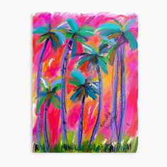 a painting of three palm trees with bright colors