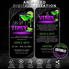 an image of a flyer for a party with neon colors and black text on it