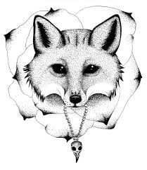 a black and white drawing of a fox's head with a chain in its mouth