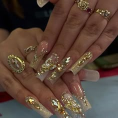 💎 $ T A C K $ 💎 (@stackedbyg) | Instagram profile Ongles Bling Bling, Quinceanera Nails, Gold Acrylic Nails, Milky Nails, Gold Nail, Acrylic Nails Coffin Pink, Long Square Acrylic Nails, Unique Acrylic Nails, Bling Acrylic Nails