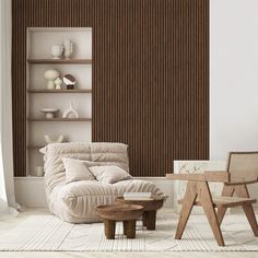 a living room filled with furniture next to a wall mounted book shelf and window covered in blinds