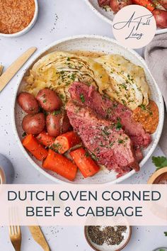 dutch oven corned beef and cabbage in a bowl with text overlay that reads, dutch oven corned beef and cabbage