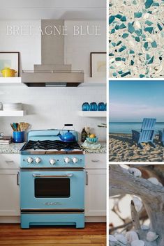 a blue stove top oven sitting inside of a kitchen next to a white counter top