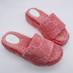 -100% Authentic -Pink Color -Casual Towel Finish -Gg Supreme Motif Throughout -Designer Size 38 (Us 8) -Insole Length Around 9.7” -Heel Around 2.2” -Made In Italy -Come With Gucci Shoe Box And Dust Bags Gucci Pink Platform Sandals, Luxury Slides With Platform And Round Toe, Pink Cushioned Slides With Round Toe, Pink Flat Slides With Removable Insole, Pink Slides With Cushioned Footbed And Round Toe, Pink Flat Slides With Textured Footbed, Pink Cushioned Slip-on Slides, Trendy Pink Platform Slides, Pink Textured Slip-on Slides