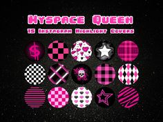 a bunch of pink and black buttons with the words myspace queen on them in different colors