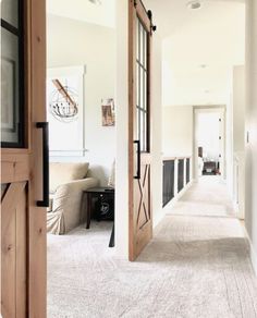 French Barn Doors Interior, Modern Farmhouse Interior Doors, French Barn Doors, Modern Hallway Design, Farmhouse Interior Doors, Modern Farmhouse Office, French Doors Bedroom, Barn Style Doors, Farmhouse Doors