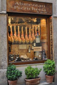 a store front with chickens hanging in the window and potted plants on the outside