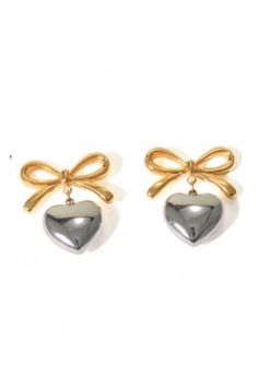 Bow Heart Mixed Metal Stud Earrings Waterproof 18K Gold Plated PVD Stainless Steel Madewell Bow Earrings, Luxury Double Heart Charm Earrings, Burberry Earrings Bow, Mixed Metals, Gold Hoop, Gold Hoop Earrings, Heart Earrings, 18k Gold, Gold Plate