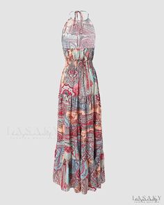 Lasaky - Retro Scarf Printed Backless Halter Maxi Dress Elegant Paisley Print Maxi Dress For Vacation, Chic Paisley Print Maxi Dress For Vacation, Beach Fitted Maxi Dress With Paisley Print, Fitted Beach Maxi Dress With Paisley Print, Bohemian Paisley Maxi Dress For Party, Bohemian Paisley Print Maxi Dress For Party, Elegant Paisley Print Beach Dresses, Elegant Sleeveless Paisley Maxi Dress, Elegant Sleeveless Paisley Print Maxi Dress